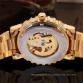 WINNER 259 Multilateral Gold Bezel Skeleton Mechanical Watch Full Stainless Steel Brand Luxury Automatic Watch For Men